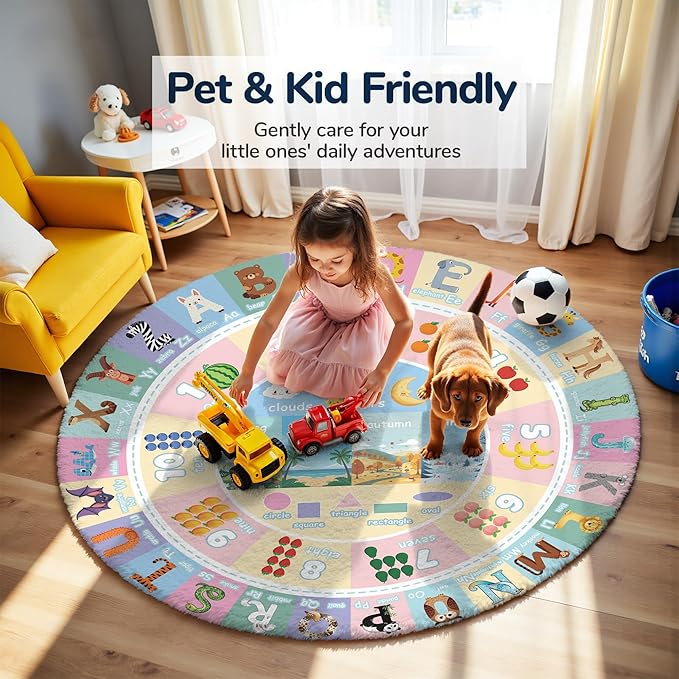 3.3ft Round Kids City Road Car Play Rug - Non-Slip Faux Wool Carpet with Interactive City Map Design, Educational Toy Vehicle Mat for Kids, Bedroom Playroom Nursery Gift.