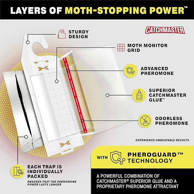 Catchmaster Clothing Moth Traps with Premium Extra Strength Odorless Pheromone Technology – XL Hardwood Design, Extra-Strength Glue – Traps & Targets Casemaking and Webbing Moths - 6-Pack