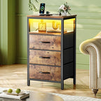 Huuger Night Stand with Charger Station and LED Lights, 3 Drawer Nightstand, Bed Side Table with Open Shelf, End Table, Tall Fabric Dresser for Bedroom, Rustic Brown