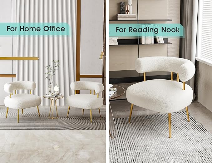 Mid Century Sherpa Boucle Accent Chair, Round Upholstered Barrel Arm Chair for Small Spaces, Fluffy Side Corner Sofa Chair for Living Room, Bedroom, Vanity, Office, Reading Nook(Cream White)