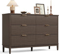 LINSY Fluted Dresser for Bedroom with 6 Drawers, Mid Century Modern Chest of Drawers with Gold Metal Handles, Wide Boho Wood Dressers, Large Farmhouse Storage Cabinet for Bedroom, Living Room, Walnut