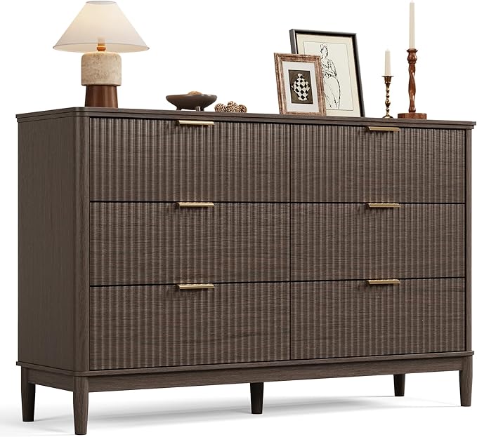 LINSY Fluted Dresser for Bedroom with 6 Drawers, Mid Century Modern Chest of Drawers with Gold Metal Handles, Wide Boho Wood Dressers, Large Farmhouse Storage Cabinet for Bedroom, Living Room, Walnut