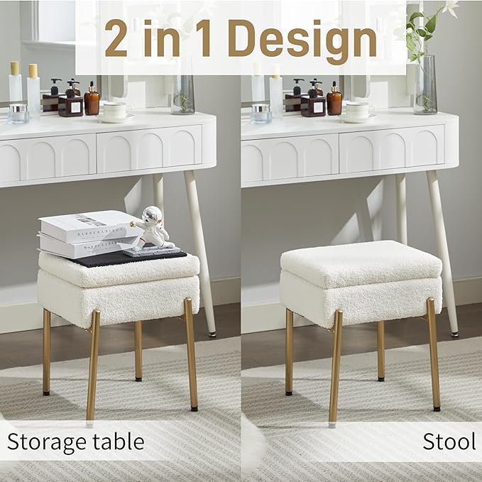 Vanity Stool Chair, Small Ottoman Stool with Storage, Makeup Vanity Chair with Anti-Slip Feet, Footstool Ottoman with Metal Legs, Storage Chairs for Makeup Room, Bedroom, Living Room (White+Gold)