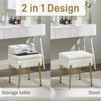 Vanity Stool Chair, Small Ottoman Stool with Storage, Makeup Vanity Chair with Anti-Slip Feet, Footstool Ottoman with Metal Legs, Storage Chairs for Makeup Room, Bedroom, Living Room (White+Gold)