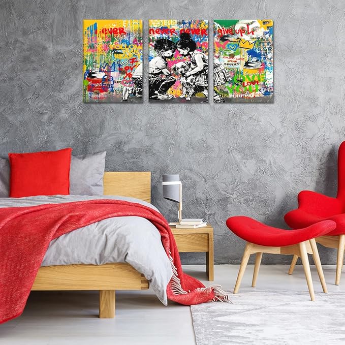 Novatique Street Graffiti Wall Art Banksy Canvas Wall Art Boy and Girl Street Art Print Modern Graffiti Art Abstract Painting Pop Art Wall Decor for Bedroom Living Room, 12”x 16”x 3Pcs