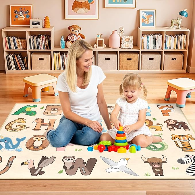 Kids Rugs for Playroom - 3x5 Feet ABC Alphabet Rug for Kids Room Educaitonal Learning Animal, Preschool Rug for Children Toddler Bedroom Nursery Kindergarten Decor, Beige