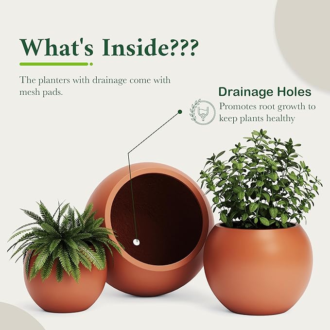 DTY Signature Mount Sherman Modern Indoor Outdoor Fiberstone Sphere Planter, Durable Round Garden Pot, Weather Resistant, Drainage Hole & Rubber Plug - Medium, Terracotta