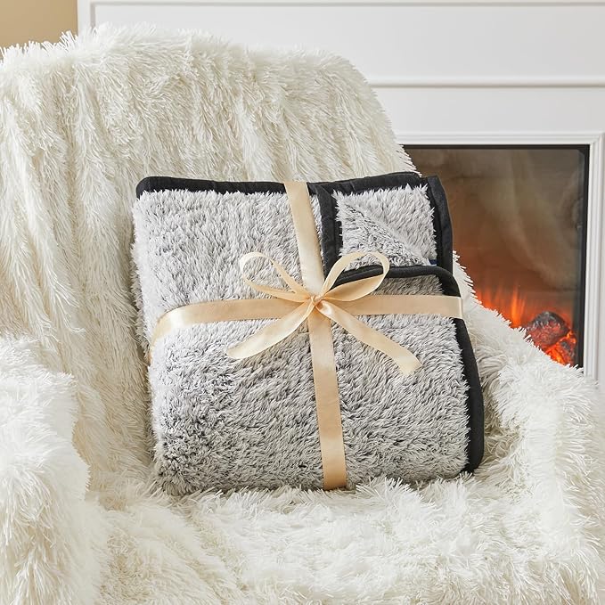EMME Soft Sherpa Fleece Blanket Reversible Plush Fluffy Large Blanket, Light Weight Warm Decorative Boho Blanket Cover for Sofa, Couch, Bedroom,Travel(Black,50"x60")