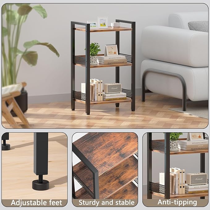 3-Tier Book Shelf, Bookcase with a Back Panel, Storage Shelves for Bedroom, Living Room & Home Storage (Brown Black)
