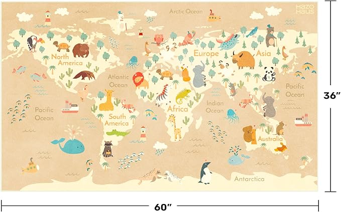 3x5 Animal World Map Bedroom Rug for Kids – Soft Educational Play Mat with Cute Animals by Continent, Washable Stain Resistant Toddler Baby Nursery Rug - Beige