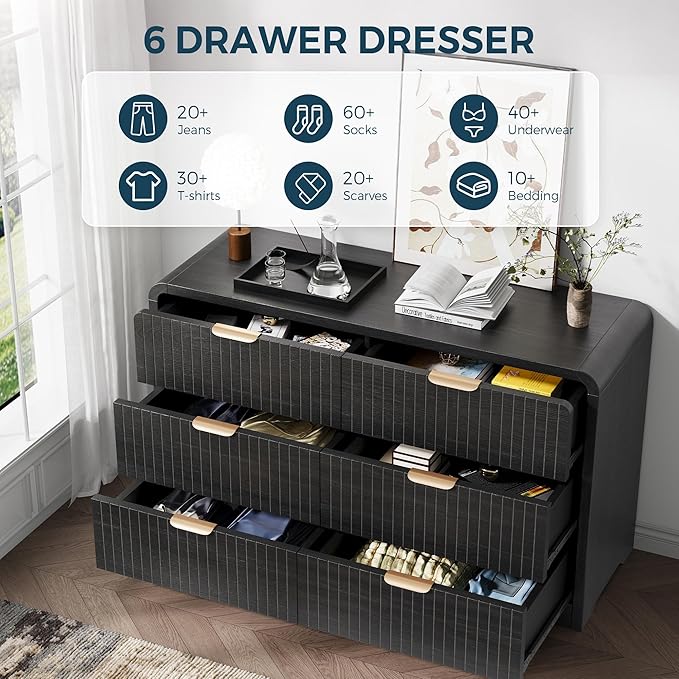 Modern 6 Drawer Dresser for Bedroom, 47" Wide Wood Dressers & Chests of Drawers Curved Profile Design, Mid Century Modern Fluted Dresser for Bedroom, Black Dresser