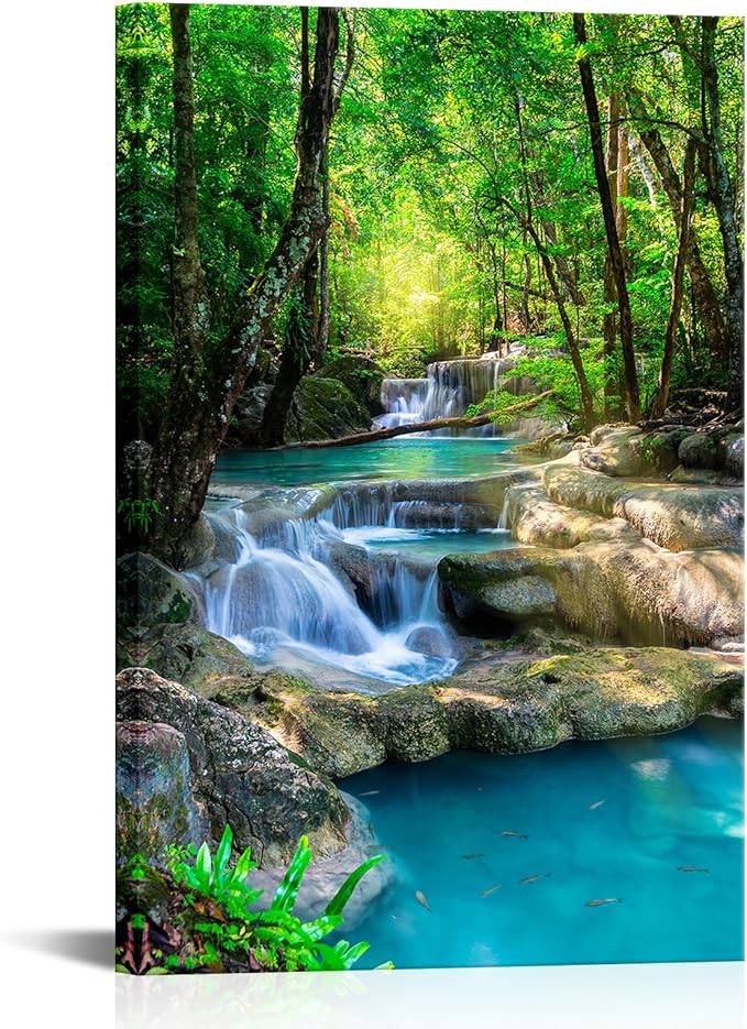 iKNOW FOTO 16x24 Single Piece Canvas Wall Art Nature Landscape Pictures Green Forest Waterfall Poster Canvas Prints Framed Artwork Spa Bathroom Bathroom Room Decor