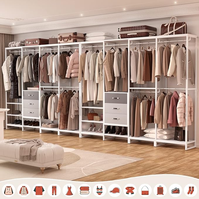 Aheaplus Wood Clothes Rack Wardrobe Closets for Hanging Clothes Heavy Duty Garment Rack, Large Corner L Shaped Closet System Organizer Walk-in Closet for Bedroom with 3 Wood Drawers, White Oak