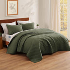 WRENSONGE Queen Quilt Set-3 Pieces Basket Weave Olive Green Bedspreads Queen Size Quilt Bedding for All Seasons, Soft Summer Coverlet with 2 Pillow Shams Suitable for Bed, Couch, Quilt Blanket