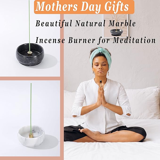 Incense Holder, Incense Burner ash Catcher with Brass 9 Holes Incense Stick Holder for Home Decor Yoga Spa Madiation (Natural Black Marble) Birthday Gifts for Women