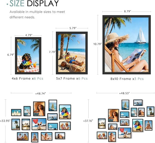 15 Pack Picture Frames Collage Wall Decor, Black Frame Set with 3pcs 8x10, 6pcs 5x7, 6pcs 4x6 for Gallery Display, Wall Mounting & Tabletop, Bulk Photo Frames for Living Room Decor