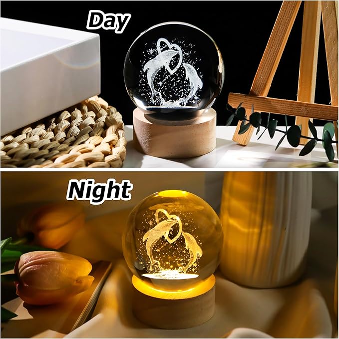 Dolphin Gifts for Women Men 3D Dolphins Crystal Ball with Wooden Light Base Glass Dolphin Statue Lamp Decor for Women Lovers for Christmas Valentines Birthday (Diameter 2.36 inches)