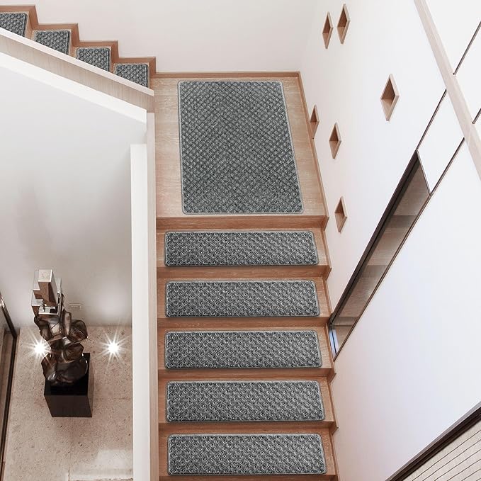 PURE ERA Carpet Stair Treads Tape Free Non Slip Indoor Stair Carpet Stair Protectors Pet-Friendly Non-Slip Skid Resistant Washable Reusable 8" x 30"(2 Pieces,Gray Mini-Diamond Trellis)