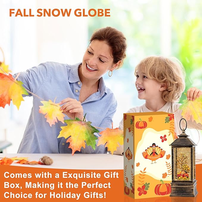 10'' Fall Snow Globe Lantern, Thanksgiving Lighted Lantern, Swirling Glitter Snow Globe for Fall Harvest Day Decorations, Home Fall Decor, Halloween and Gift (Truck&Pumpkins)