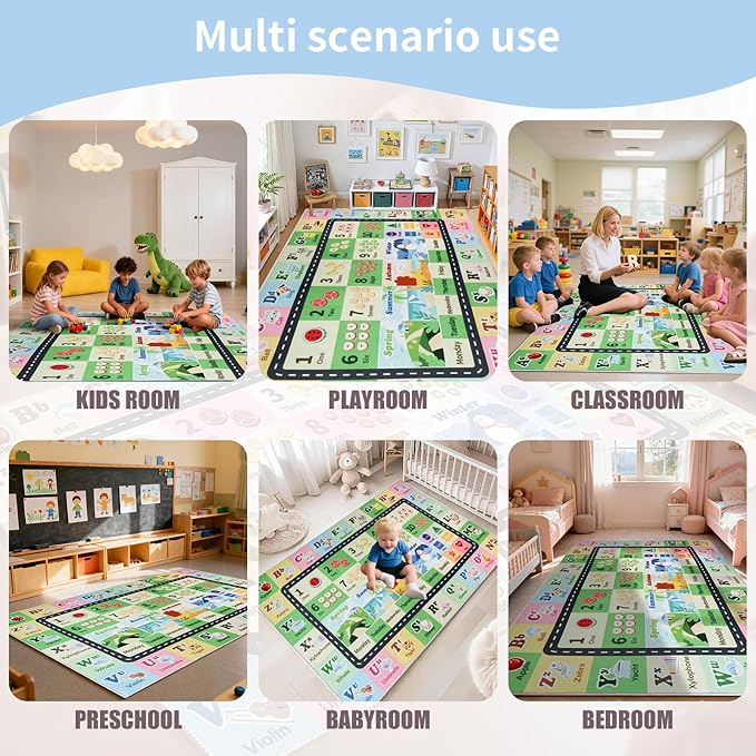 Kids ABC Rug for Playroom, Classroom Alphabet Area Carpet Playmat,Washable Toddler Mat for Baby Room,Play Room,Bedroom,Floor,Nursery (Green,3'x5')