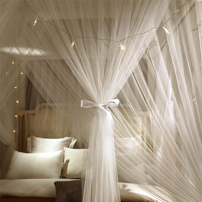 VETHIN 4 Corners Post Princess Bed Canopy Curtain Double Layer Cozy Drape Netting 4 Opening Mosquito Net for Girls & Adults Bedroom Decoration Accessories (Double White, 59" W*82" L*82"*H/(Queen))
