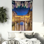 Ambesonne Landscape Tapestry, Night Panoramic View Vecchio Bridge Florence Italy Colorful Fireworks, Fabric Wall Hanging Decor for Bedroom Living Room Dorm, 23" X 28", Purple Yellow