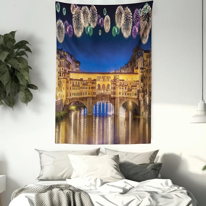 Ambesonne Landscape Tapestry Queen Size, Night Panoramic View Vecchio Bridge Florence Italy Colorful Fireworks, Wall Hanging Bedspread Bed Cover Wall Decor, 88" X 88", Purple Yellow