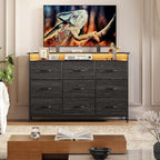 EXOTICA Black Dresser with Charging Station 9 Drawers Dresser with LED Light and USB Ports Fabric Dressers for Bedroom Hallway Entryway Closets Sturdy Steel Frame Wood Top