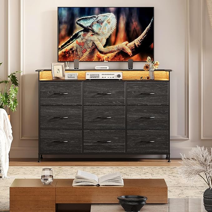 EXOTICA Black Dresser with Charging Station 9 Drawers Dresser with LED Light and USB Ports Fabric Dressers for Bedroom Hallway Entryway Closets Sturdy Steel Frame Wood Top