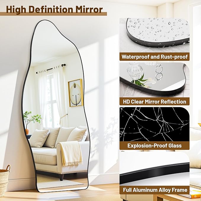 Antok Full Length Mirror, 68"x26" Floor Mirror with Stand, Standing Hanging Leaning Irregular Mirrors for Bedroom Living Room Entryway, Cloud Shaped, Black
