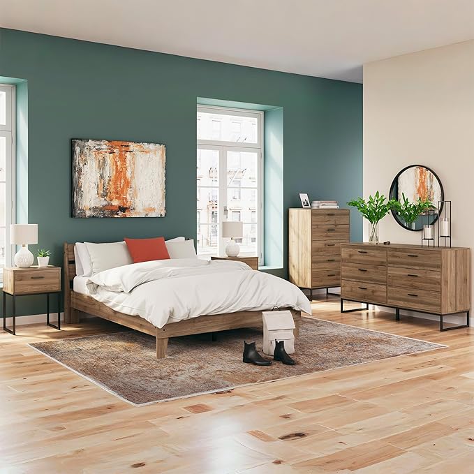 Signature Design by Ashley Deanlow Mid-Century Modern 6 Drawer Dresser with Safety Stop for Bedroom, Light Brown & Black