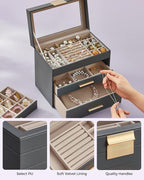 SONGMICS GISELLA Collection - Jewelry Box Organizer, 4-Layer Jewelry Storage with 3 Drawers, Shiny Metal Hardware, Glass Lid, Modern, 6 x 9.9 x 8.5 Inches, Gray and Gold Color UJBC161C01