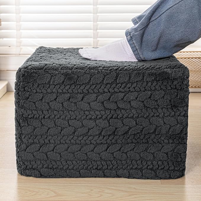 20x20x14 Inches Fluffy Square Pouf Ottoman - Plush Furry Ottoman Foot Rest Stool with High-Density Foam, Versatile Floor Seating for Living Room (Gray)