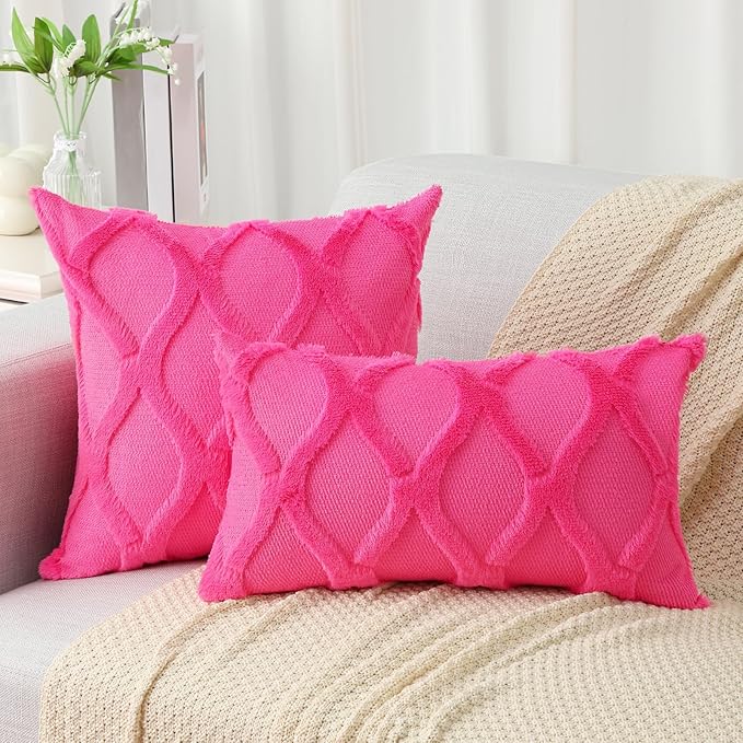 decorUhome Spring Euro Sham Throw Pillow Covers 26x26 Inch Set of 2, Soft Plush Faux Fur Wool Hot Pink Couch Pillow Covers, Decorative Neutral Pillow Cases for Bed Sofa Living Room Valentines Decor