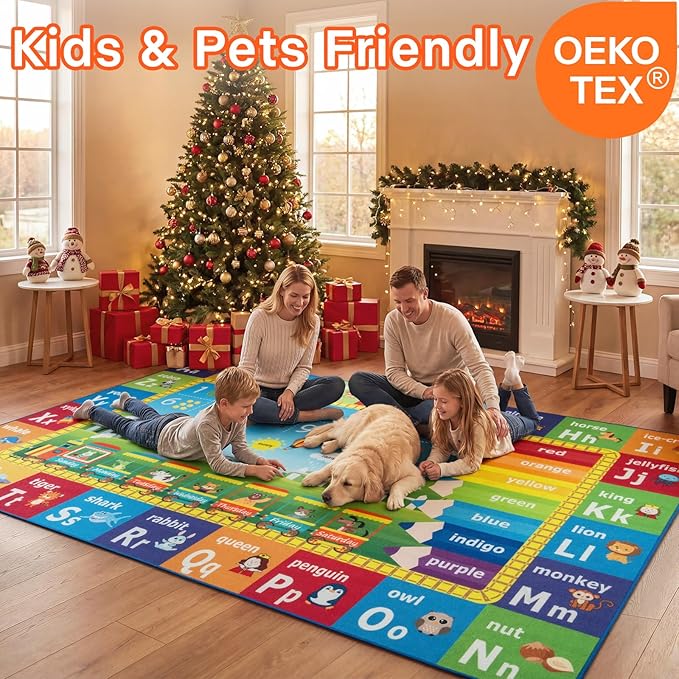 Unirea 4x6 Kids Rug for Playroom Bedroom Living Room, Washable Educational Play Mat with ABC Alphabet, Numbers, Animals for Classroom, Nursery, Colorful Learning Carpet for Toddlers, Rainbow