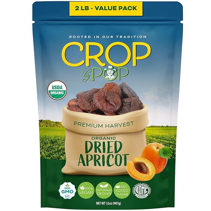CROP BY POP - Organic Sun Dried Apricots, No Sugar Added, Unsulphured (32oz, 2 LB) Tu Bishvat Favorite - Sweet Healthy Snack, USDA Organic, Non GMO, Vegan, Kosher Resealable Bag