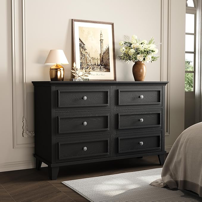 GarveeHome Farmhouse Black Dresser for Bedroom with 6 Drawer, Double Dresser TV Stand with Vintage Handle, Wide Wood Dressers & Chests of Drawers, 6 Drawer Dressers for Bedroom, Living Room, Hallway