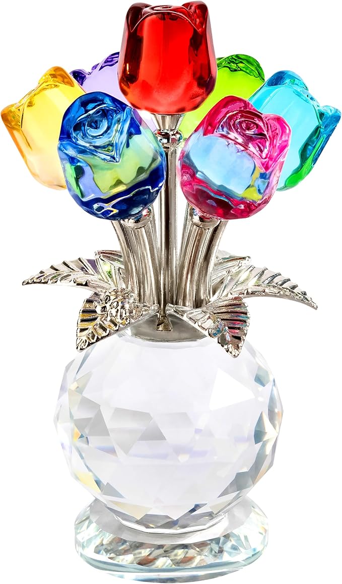 Crystal Colorful Rose Flower Collectible Figurine Glass Flowers with Vase Romantic Gifts for Wife Mom Women on Anniversary