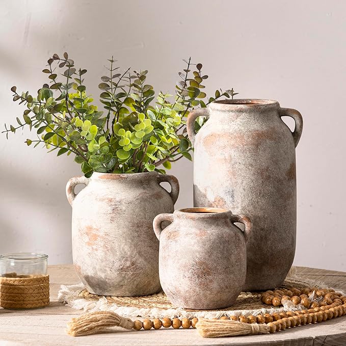 Large Flower Vase Home Decor - 12 inch Tall Ceramic Farmhouse Rustic Table Vases with Handle Living Room Decoration Decorative Modern Vintage for Floor Kitchen Shelf Coffee Dining Desk Fireplace