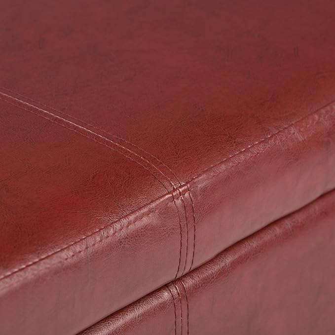SIMPLIHOME Avalon Storage Ottoman Bench - 48 inch Wide Upholstered Vegan Leather Rectangular Lift-Top Ottoman in Red, Contemporary Storage Bench for Living Room with High-Density Foam