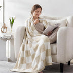 WRENSONGE Checkered Throw Blanket, Beige Soft Cozy Fluffy Warm Hand Made Throw Blankets for Couch, Sofa, Chair, Bed, Camping, Picnic, Travel Lightweight Bed Blanket - 50"*70"