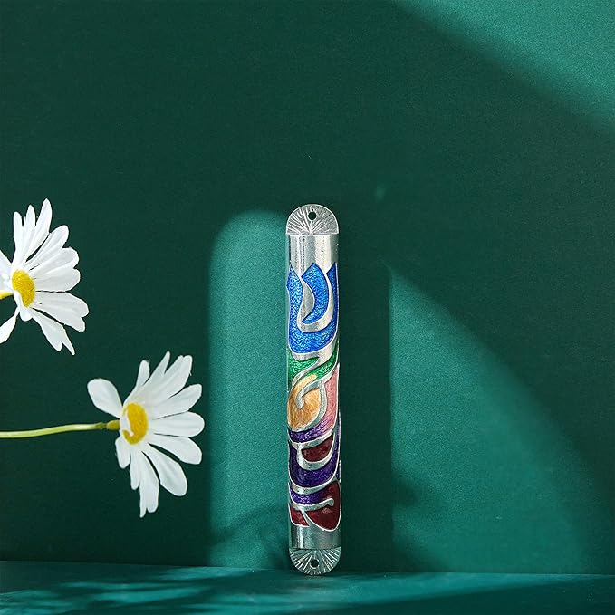 Matashi Hand Painted Multi Color Enamel 6 inch Mezuzah Embellished with Hebrew Shin Home Door Wall Decor Home Décor Jewish Holiday Housewarming Present House Blessing Gift for Holiday Festival