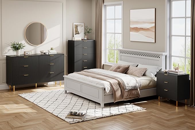 GarveeHome Black Dresser, Modern 3 Drawer Dresser for Bedroom with Gold Handle and Large Drawer, Wood Double Chest of Drawers and Storage Organizer for Living Room, Hallway, Entryway