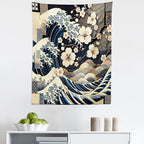 Ambesonne Anime Tapestry, Ukiyo-e Style Cultural Art Design with Squama Scales Waves Cherry Blossoms, Fabric Wall Hanging Decor for Bedroom Living Room Dorm, 23" X 28", Taupe Beige Dark Blue