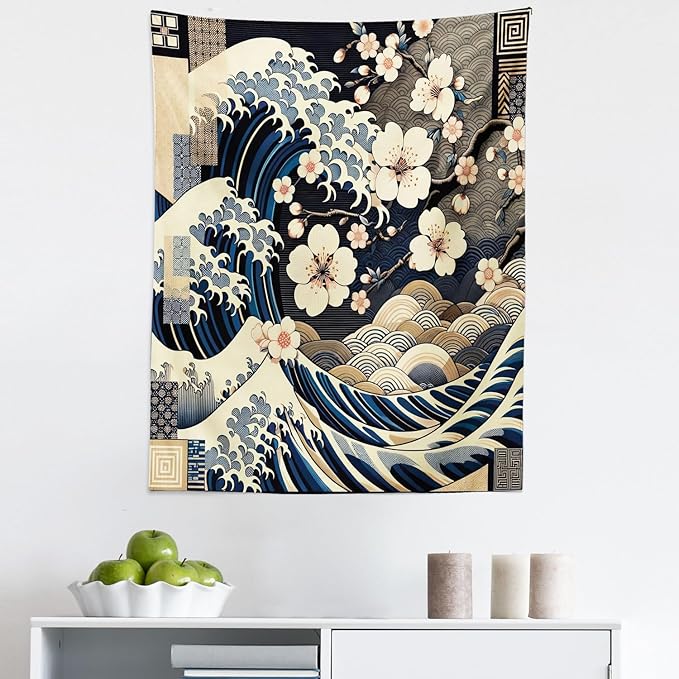 Ambesonne Anime Tapestry, Ukiyo-e Style Cultural Art Design with Squama Scales Waves Cherry Blossoms, Fabric Wall Hanging Decor for Bedroom Living Room Dorm, 23" X 28", Taupe Beige Dark Blue