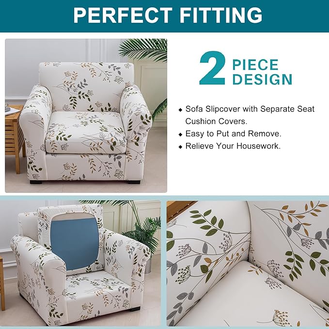 KRFOONN 2 Piece Couch Chair Cover Printed Sofa Covers Couch Covers Stretch Armchair Sofa Couch Slipcovers Furniture Protector with Elastic Bottom for Living Room (Armchair, 50)
