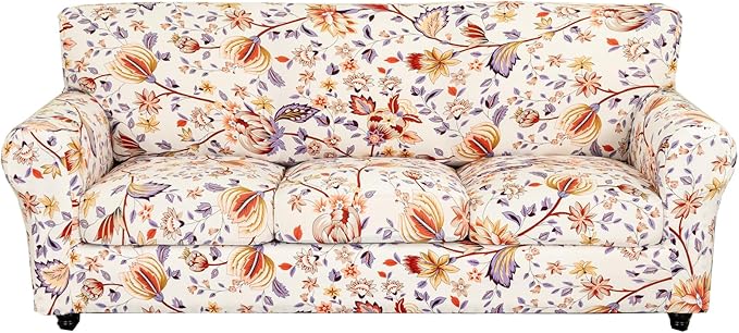 KRFOONN 4 Piece Printed Sofa Couch Cover for 3 Cushion Couches Stretch Sofa Slipcovers with 3 Separate Seat Cushion Covers Washable Furniture Protector with Elastic Bottom (Sofa, 53)
