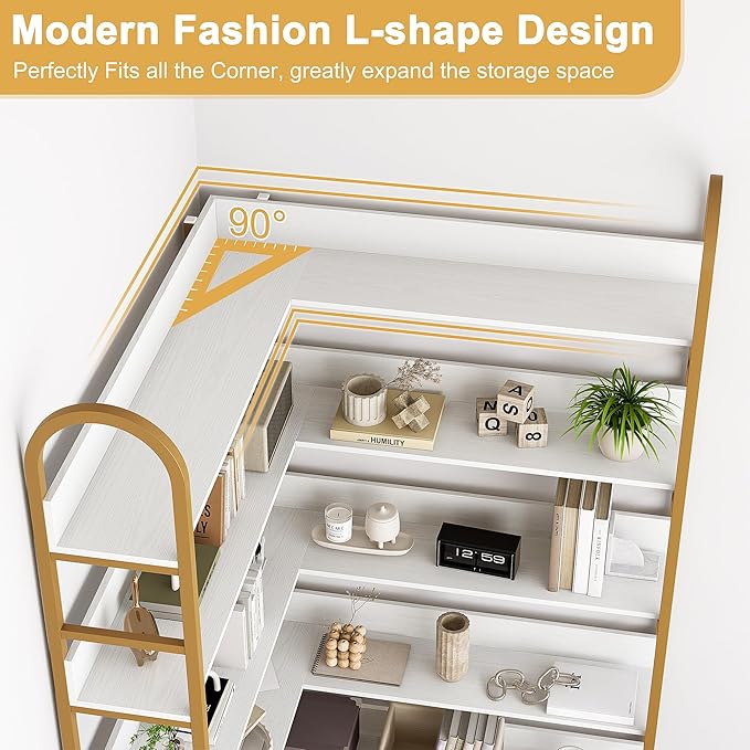 Semoic 5-Tier Gold Bookcase, L-Shape Corner Bookshelf White & Gold, Modern Display Shelf Book Shelves with Adjustable Foot, Freestanding Storage Shelves for Home Office Use