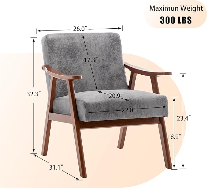 KEIKI Mid-Century Modern Accent Chair with Solid Wood Frame, Stylish Upholstered Armchair for Modern Retro Home Décor