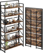 JSB Folding Bookshelf,Industrial Storage Shelves, No Assembly Vintage Wood Look Bookshelf with Storage Shelves for Living Room, Bedroom, Office (Fire Brown, Wide 6-Tier)